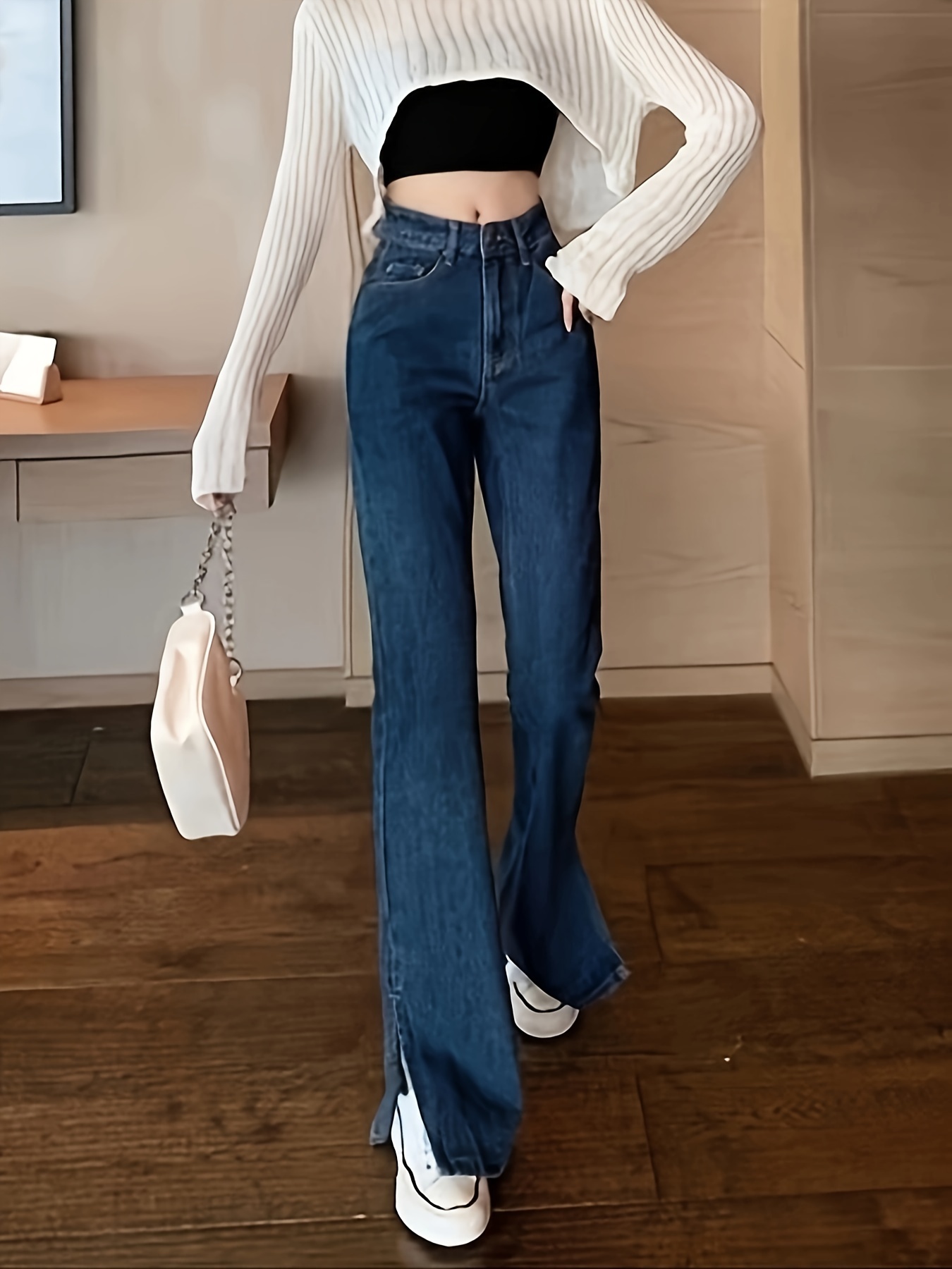* Hem Casual Flare Jeans, Y2K Style High Stretch Bell Bottom Jeans, Women's  Denim Jeans & Clothing Valentine's Day