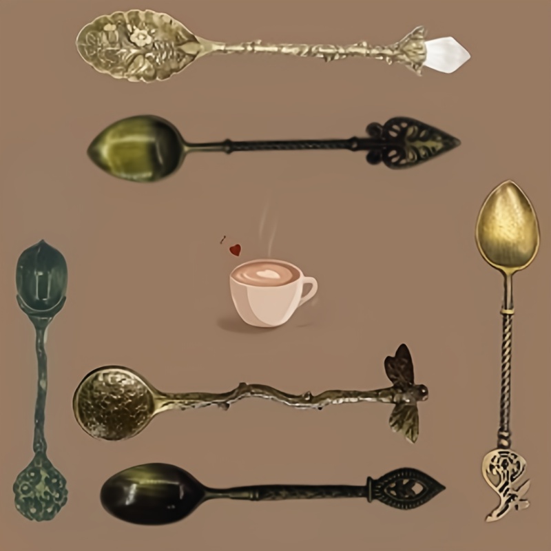 E-shop Sechs Stile exquisiter Metall-Kaffee-Löffel, Dessertlöffel, Eistee-Löffel, geprägte Bar-Löffel, Geschenkset für Dim Sum-Löffel für den