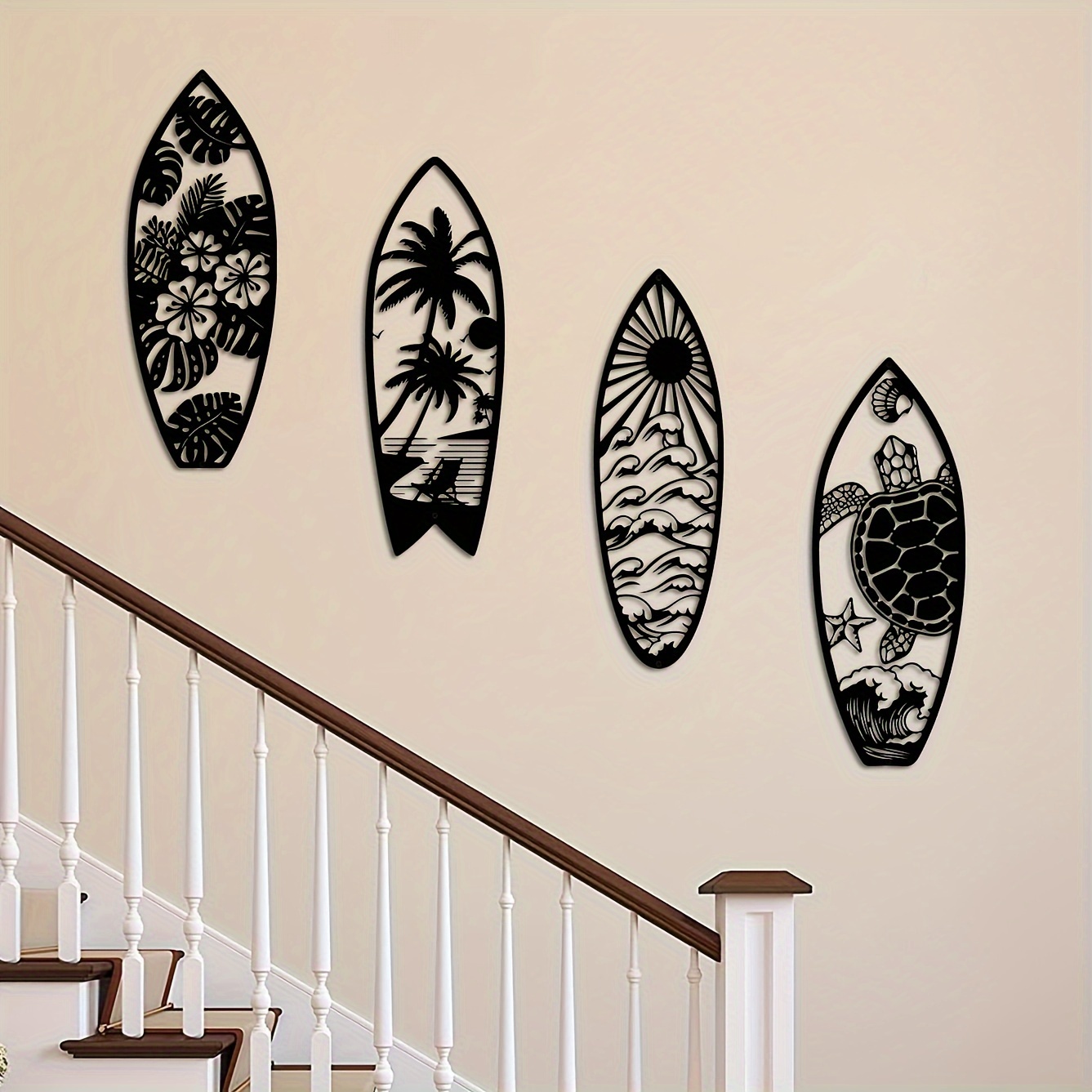 

4pcs Black Metal Surfboard Wall Decor, Summer Metal Turtle Palm Tree Surfboard Beach Sign, Coastal Metal Wall Art, Outdoor And Indoor Decor, Home Wall Decor, 15.8in