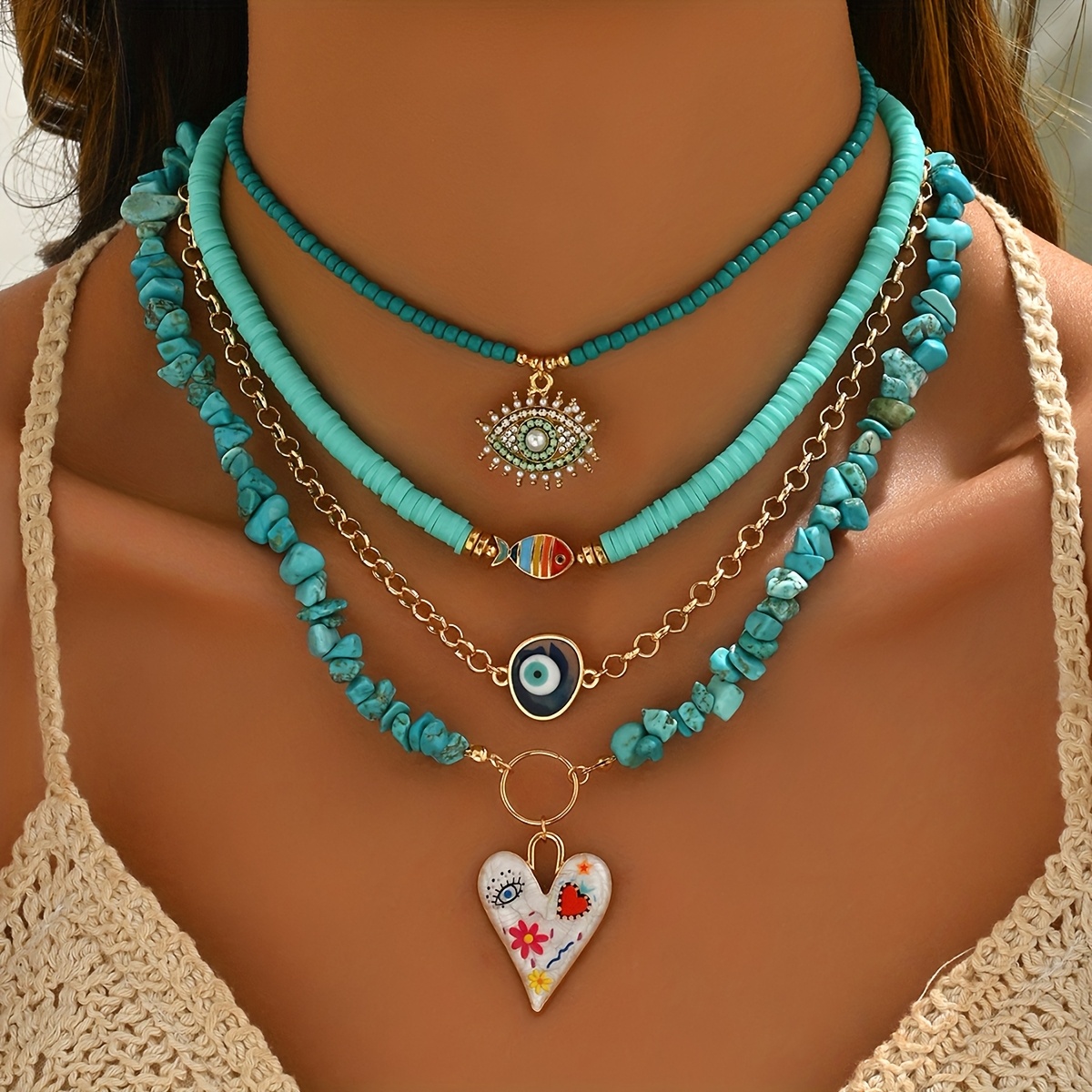 E-shop 4-teiliges böhmisches mehrschichtiges Halsband aus synthetischem Türkis mit Böser-- & Herz-Anhänger, Choker-Halsketten im Vintage-Boho-Stil,