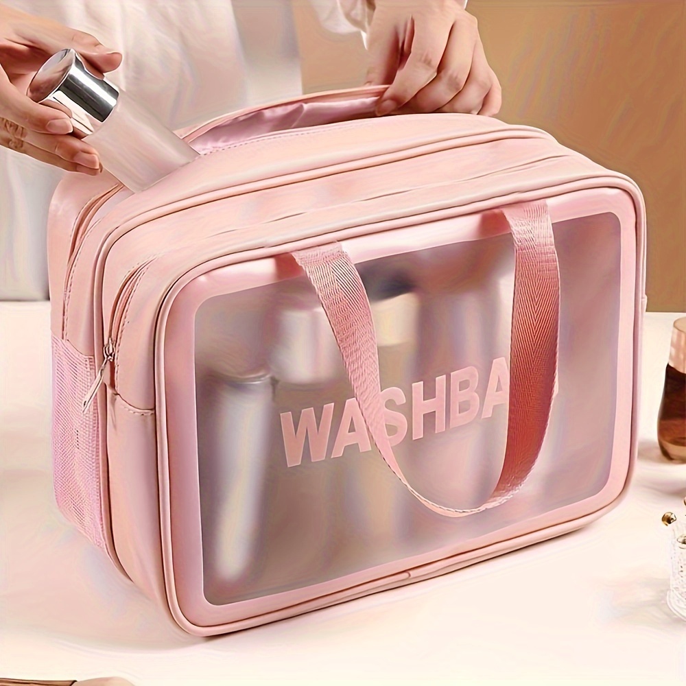 

Transparent Letter Print Durable Travel Toiletry Bag With Zipper Closure And Double Handles, Foldable And Lightweight Makeup Organizer For Daily Use And Travel