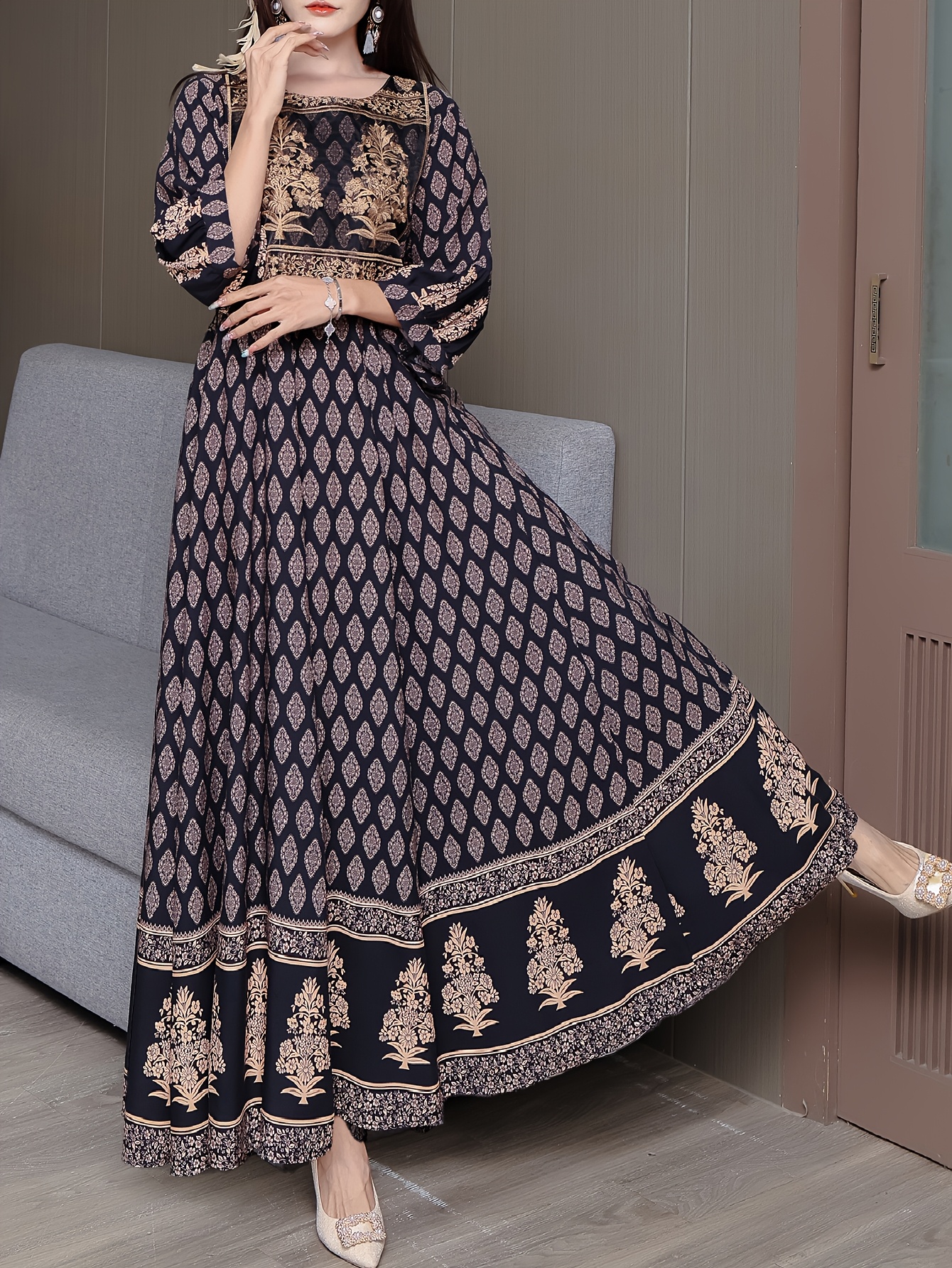 sachin and babi light blue dress LTS Tall Women's Navy Blue Floral Embroidered Cotton Maxi Dress