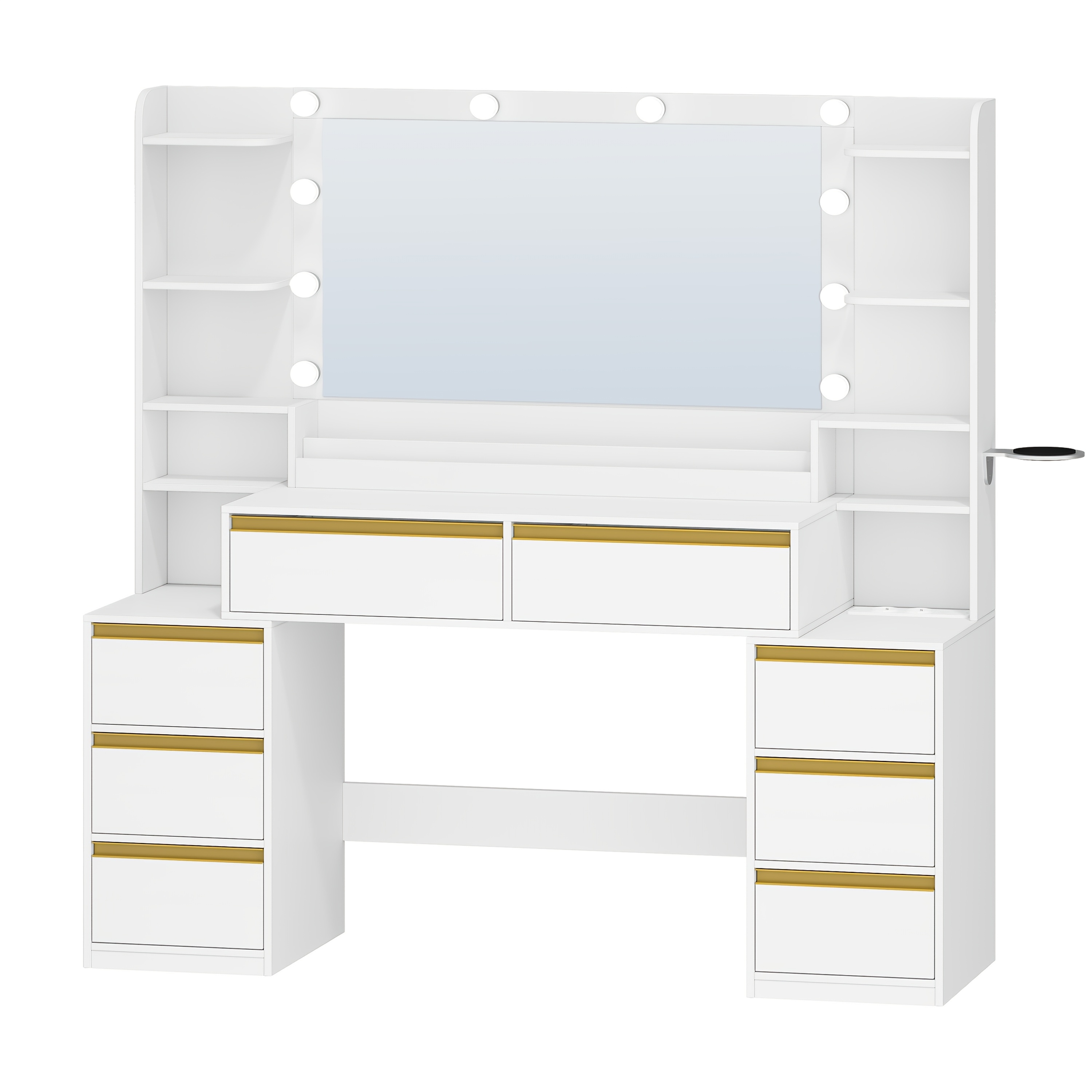 A Modern Vanity Table In White And Golden, Featuring A Large Mirror, A Makeup Station, And A Hairdryer Stand, With 8 Drawers And Open Shelving, Measuring 40 X 135 X 145.2 Cm