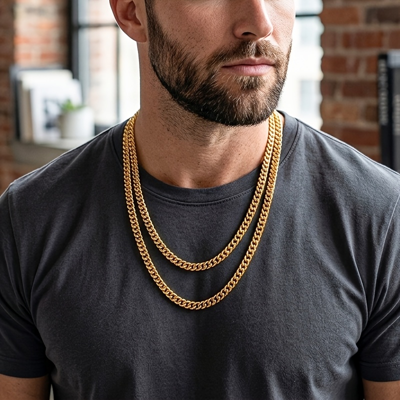 2pcs Men's Thickened Cuban Chain Necklaces, Dual Sizes
