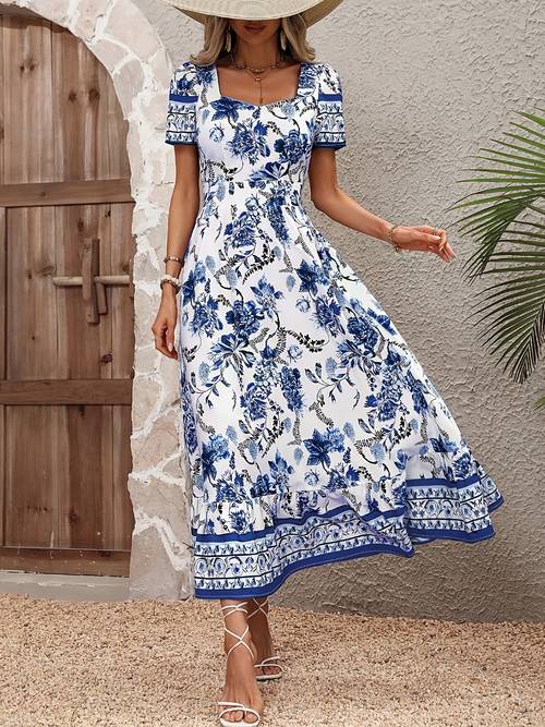 womens floral neck a line dress with smocked detail flowy hem lightweight breathable summer dress for beach garden parties casual beach dresses evening wear elegant intricate design