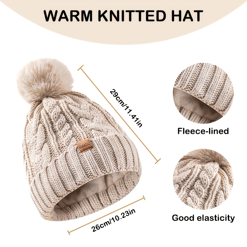 Winter Hat Gloves Set Fleece Lined Knit Beanie Touchscreen Black Beige Women Winter Hat Scarf Gloves Set Winter Warm Fleece Lined Beanie  main image 3