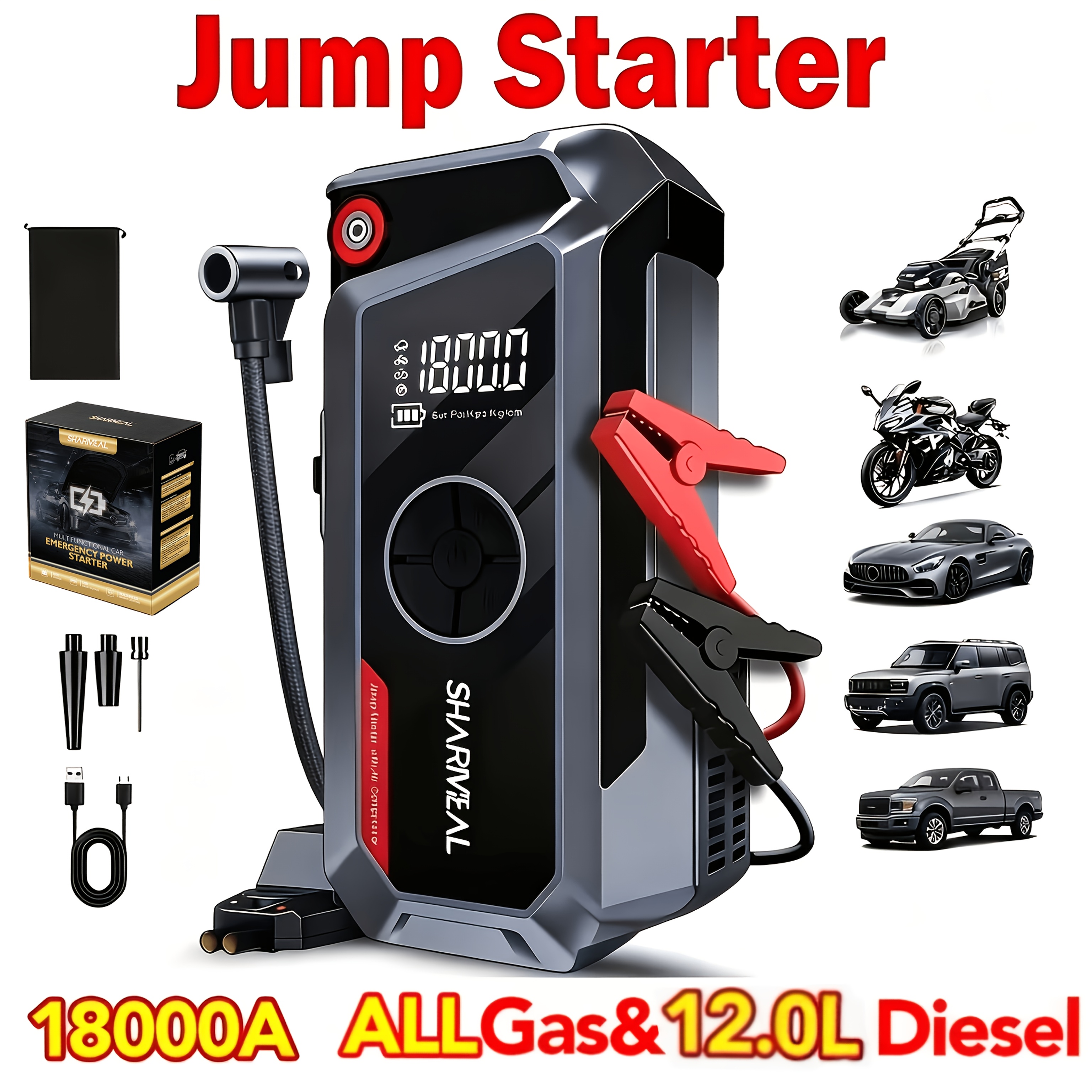 TEMU 16000a-25000a 18-in-1 Car Battery Jump Starter Portable Power Pack With Extended Smart Jumper Cables, , Large Display, Led Lights, Protections