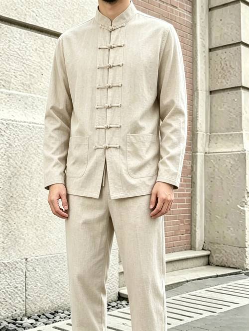 photo de l'article ensemble 2 pièces de costume tang pour homme en lin de couleur avec col pour et lautomne, comprenant une chemise à manches longues et un pantalon s, respirants et confortables. simple, et facile à coordonner, taille chinoise, vérifier attentivement le
