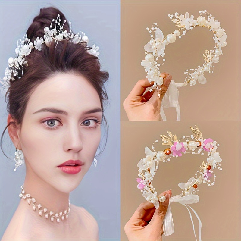 

Floral Beaded Bridal Headband, Elegant Faux Pearl & Flower Headpiece, Wedding Tiara, Festive Beach Photoshoot Hair Accessory With Ribbons, Cute Fairy-style Crown For Performances And Celebrations