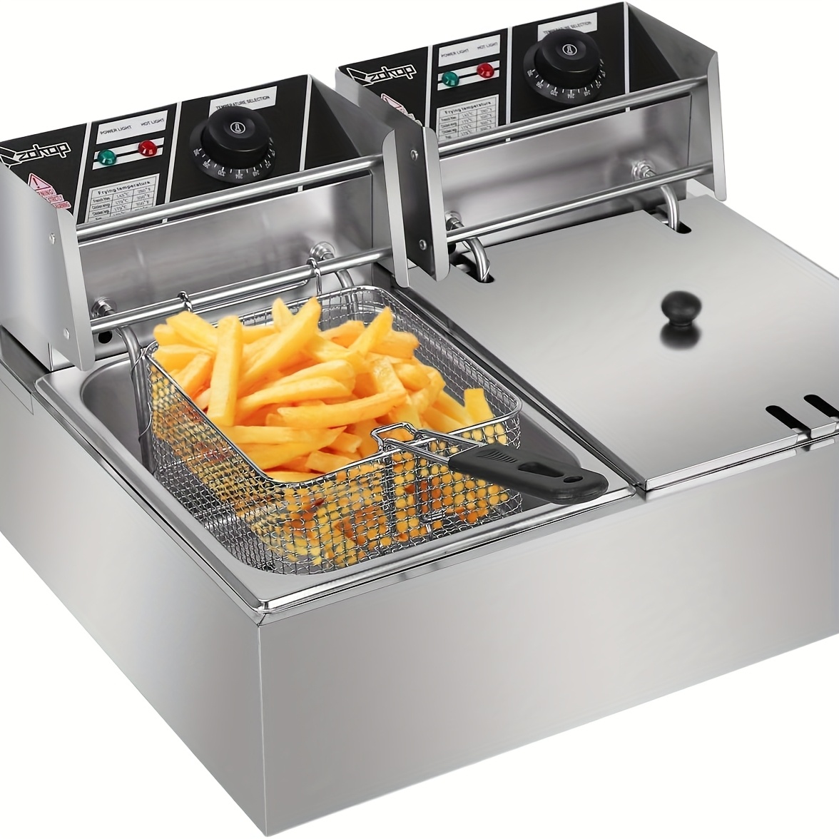 TEMU Stainless Steel Electric Deep Fryer With 2 Baskets And Lids, Adjustable Temperature Control, Us Plug - Outdoor/indoor Use For , Chicken, Donuts,