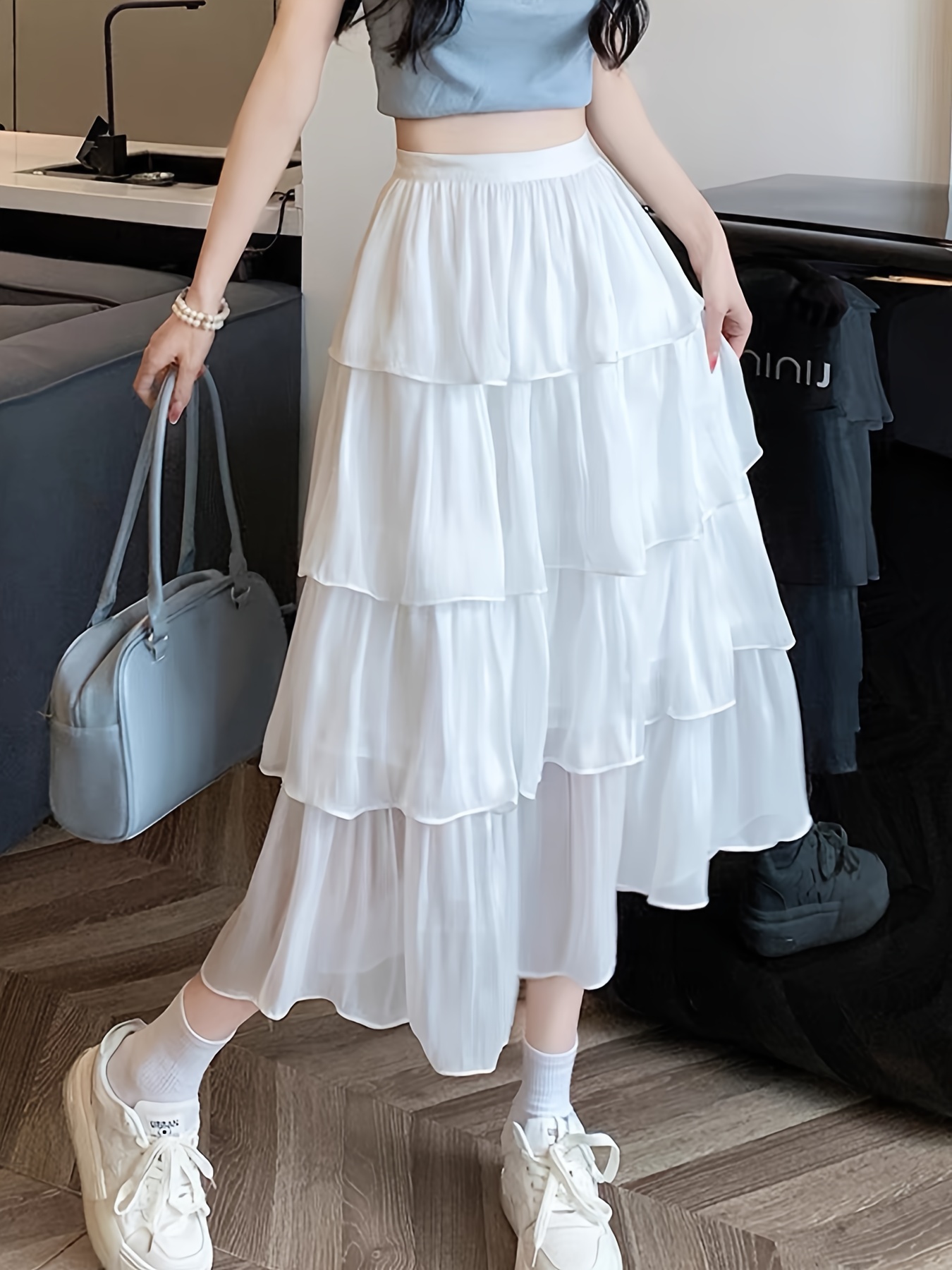 womens chic white polyester ruffle skirt green trim a line - Temu