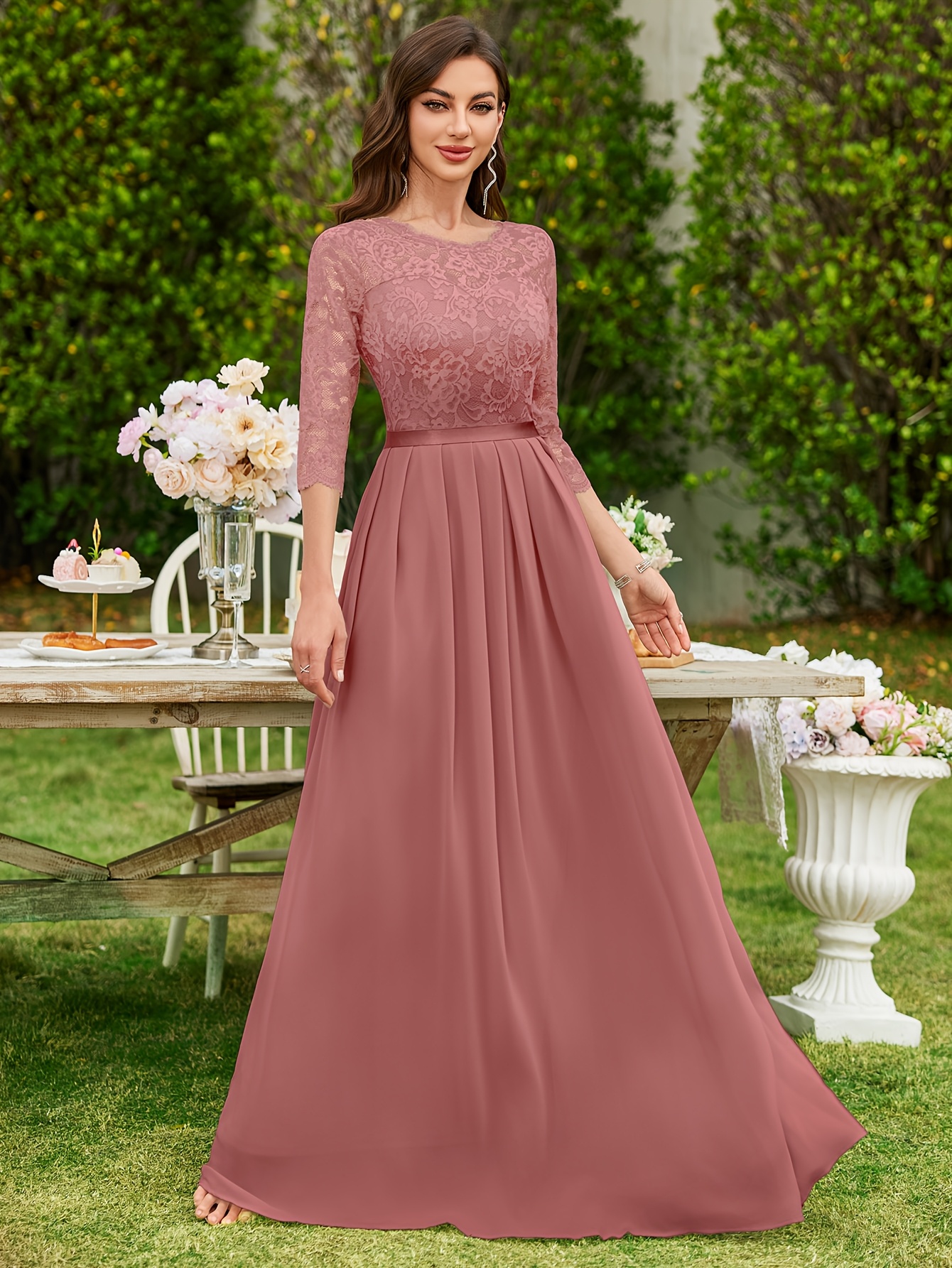 chinese dress ladies Lace Mother of The Bride Dresses Wine Red 2026 Women's A-Line Illusion Neck 3/4 Sleeves Floor-Length Wedding Party Formal Evening Gowns, Wine Red