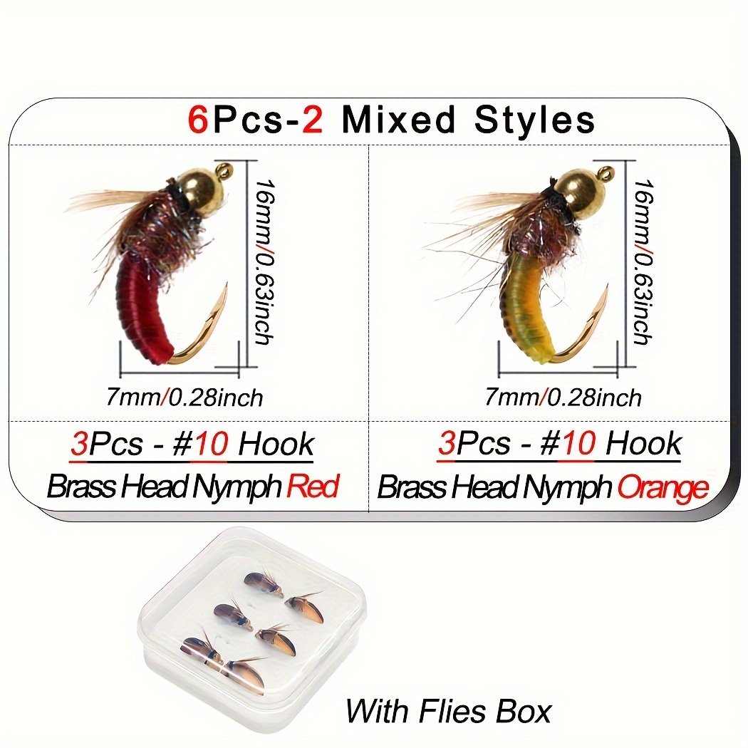 TEMU Boîte de 6 appâts artificiels pour la pêche à la truite, comprenant des nymphes à tête en laiton et un mélange de 2 types de