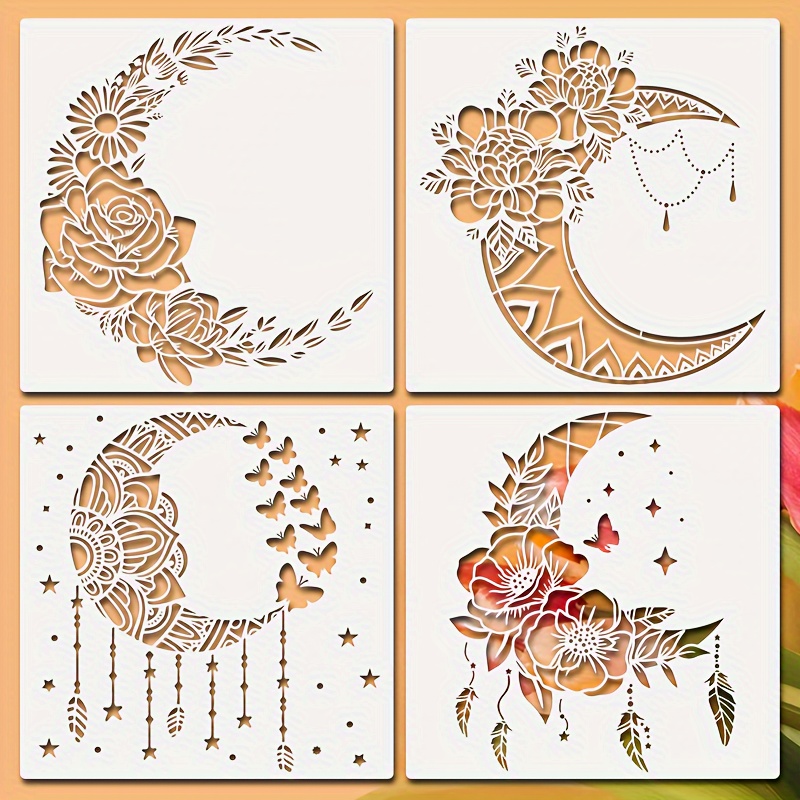 

4-piece Moon & Mandala Stencil Set, 11" Reusable Painting Templates With Stars, Flowers, Butterflies, Feathers - Perfect For Diy Scrapbooking, Wall Art, Wood Canvas Home Decor