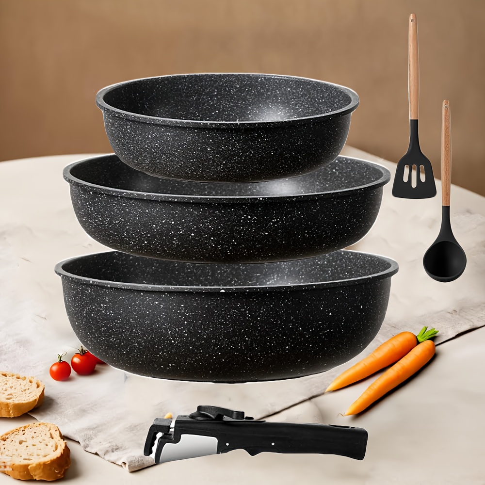 6pcs Cookware Set, Stackable Frying Pans Set With Detachable Handle And Spoon Spatula, Pots And Pan Set Non Stick For Works On Gas, Electric, And Induction Stovetops, Dishwasher & Oven Safe