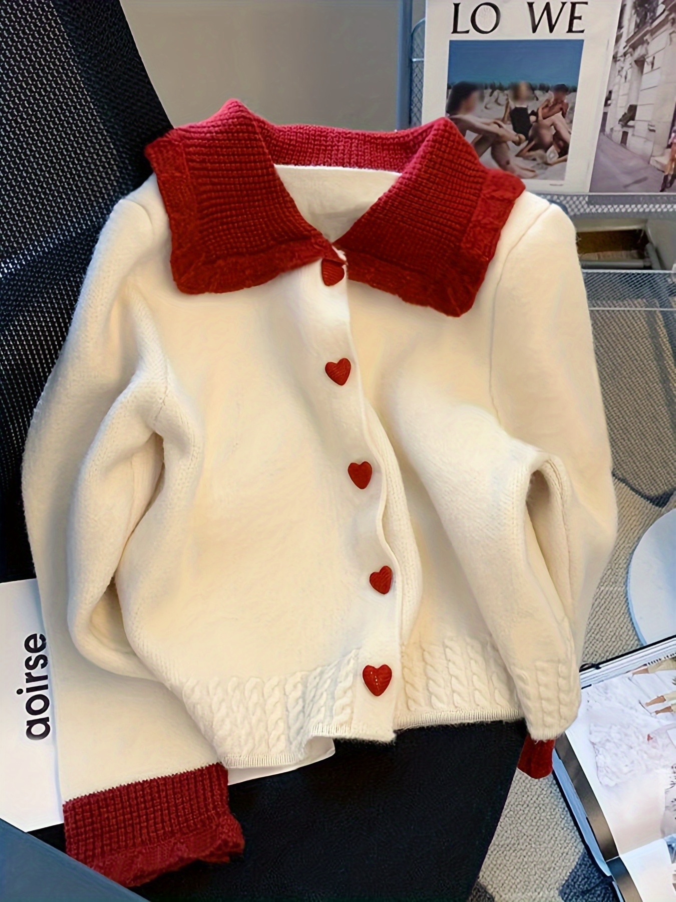 valentine's day christmas party color block peter pan collar sweater, cute heart button design fashion warm cardigan for women, christmas cardigans, cozy cardigan, cardigan with embroidered design, winter cardigans