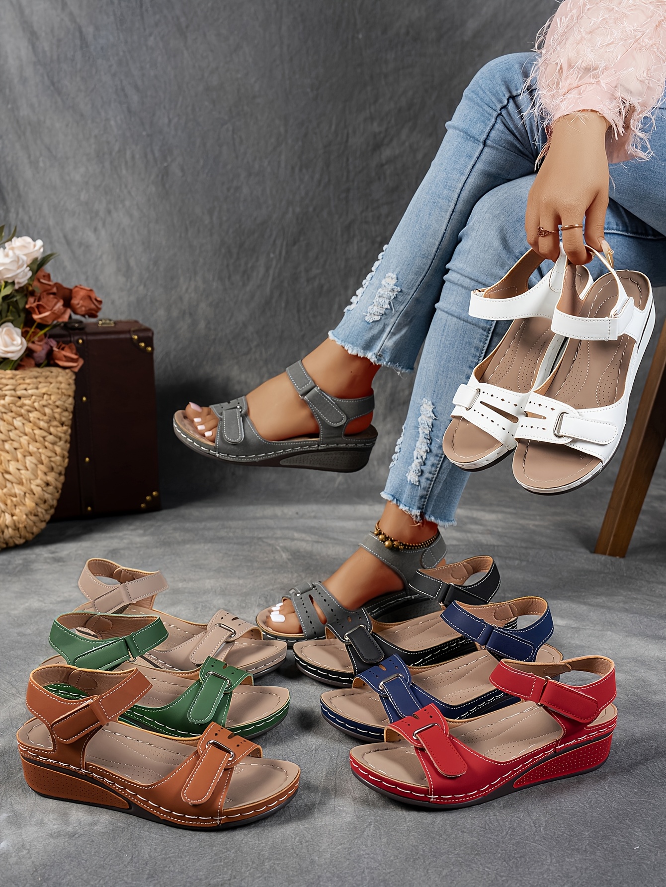   womens beige wedge sandals comfortable open toe platform shoes with adjustable ankle strap perforated design for   casual summer fashion strappy sandals Product details 0