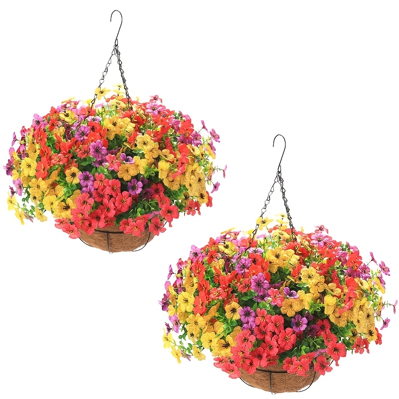 TEMU 2 Pack Hanging Flower Baskets - 24 Multicolor Artificial For Spring Summer Front Porch, Garden And Patio Decor, Uv Resistant