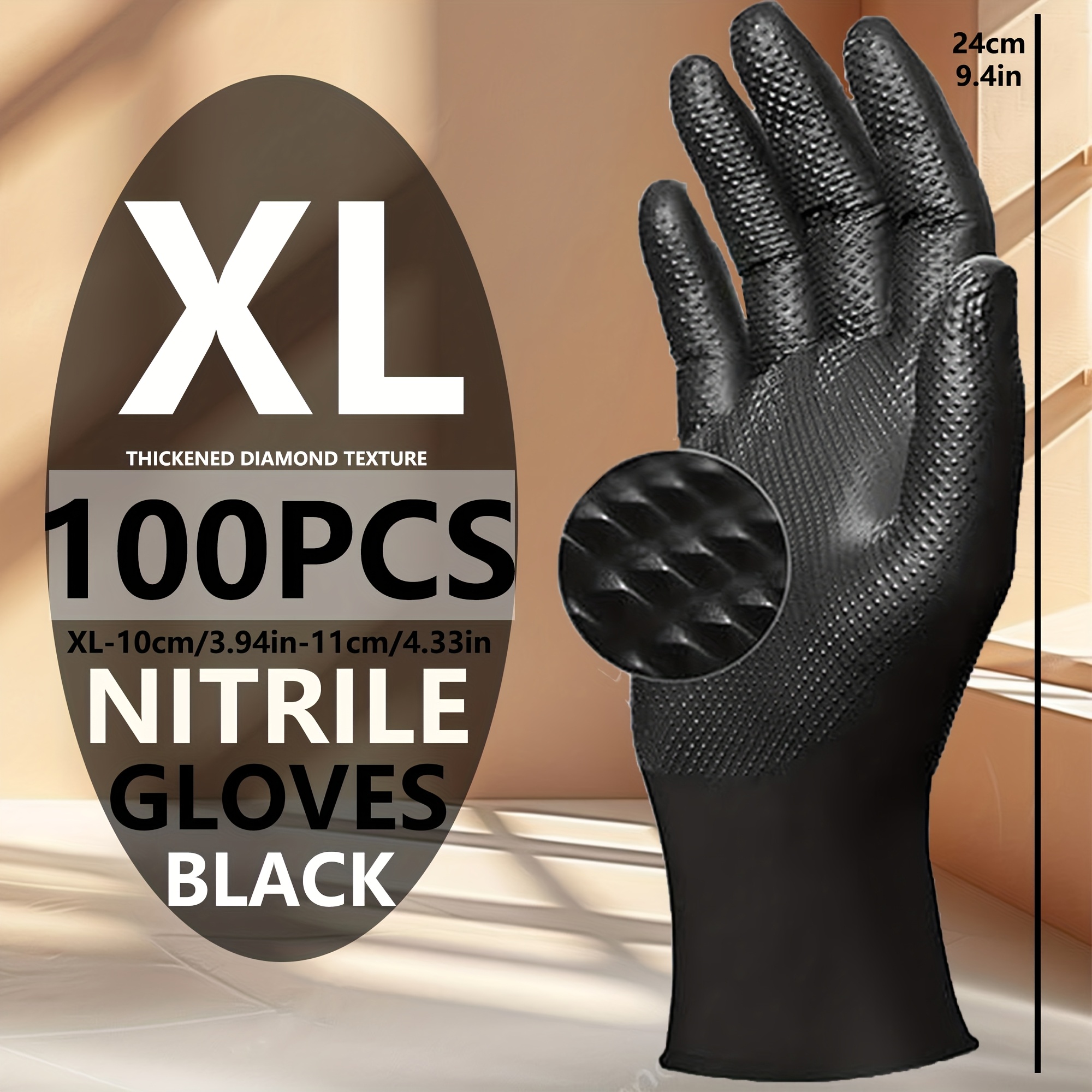 E-shop 50/100 Stück pro Packung, 9-Zoll schwarze diamantstrukturierte Handschuhe, Größen XL/L/M/S, 8g schwere Handschuhe, Einweg-Nitrilhandschuhe,