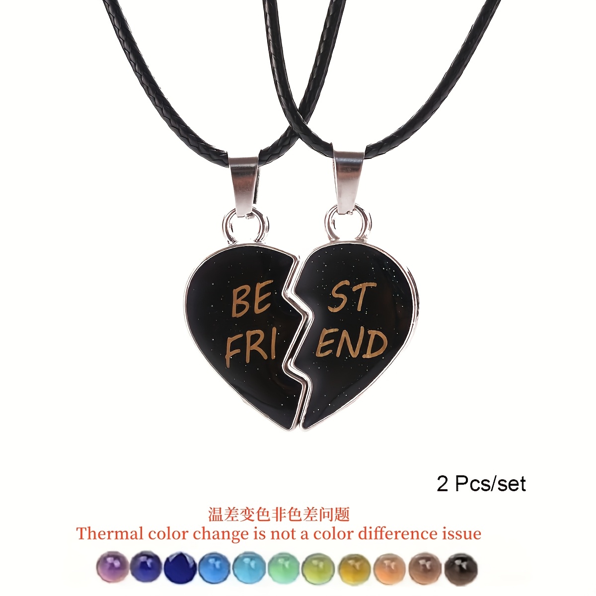 TEMU 2pcs Bohemian Elegant Heart-shaped Color-changing Necklace, Best Friend Temperature-sensitive Pendant Jewelry, Parties And