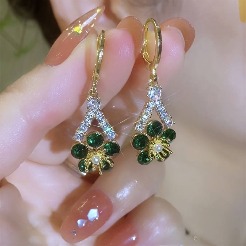 elegant green cubic synthetic synthetic zircon flower earrings luxurious alloy dangle jewelry for   for parties gifts Product details 3