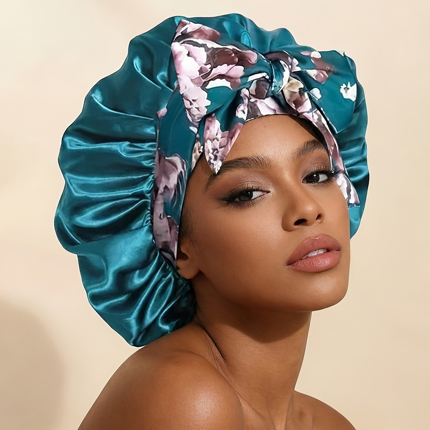 Long Ribbon Printed Satin Satin Ladies Enlarged Sleeping Hat Breathable Ladies Sleeping Hat Fixed Adjustable Elastic Shower Cap