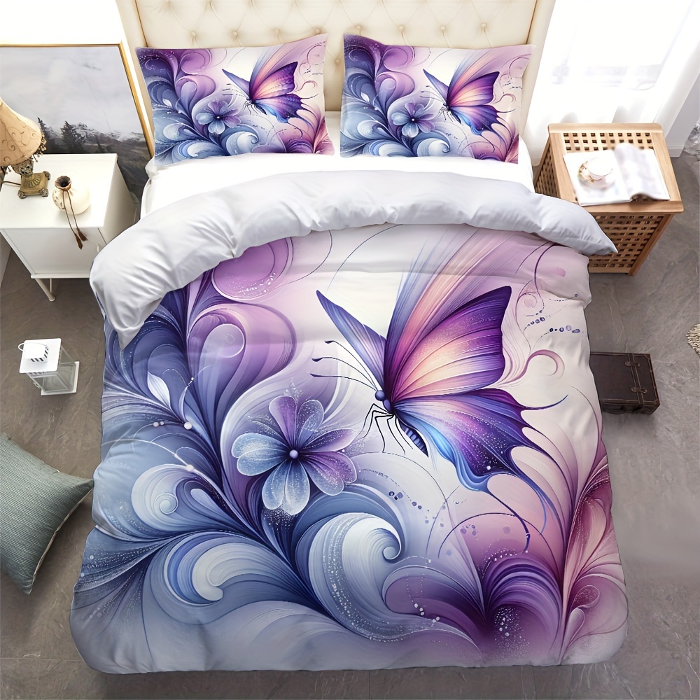 Image of 2/3pcs Duvet Cover Set (1 Duvet Cover + 1/2 Pillowcase, Without Core), Dream Blue And Purple Printed Bedding Set For Bedroom And
