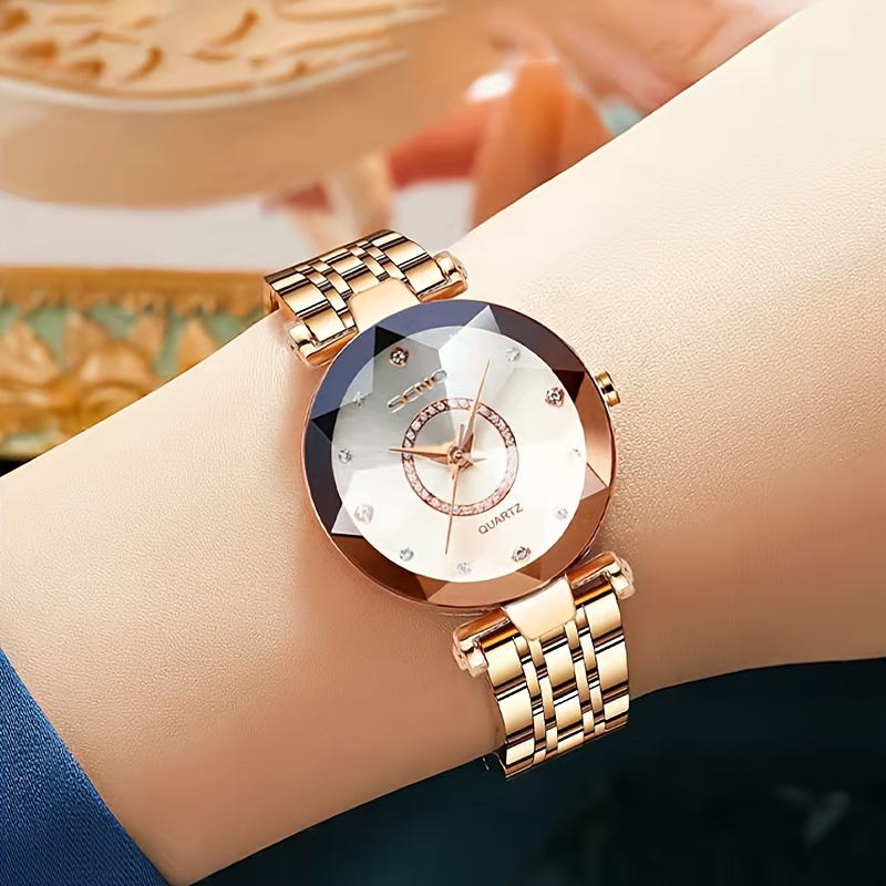 女性のエレガントなダイヤルカットクォーツウォッチ防水ファッションアナログステンレススチールバンド腕時計 - Temu Japan
