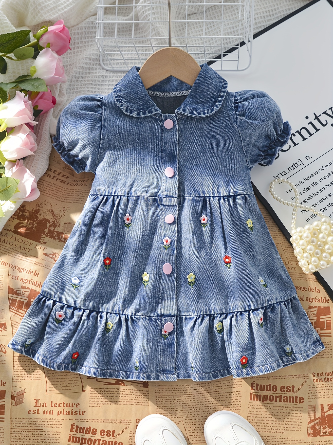 white christmas dresses Girls Bow Printed Denim Dress