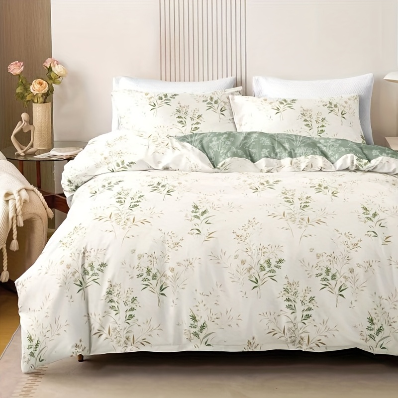 E-shop 3-teiliges Bettbezug-Set in Unifarben mit Blumenmuster, 1x Bettdeckenbezug und 2x Kissenbezüge, Reißverschluss, Maschinenwaschbar,