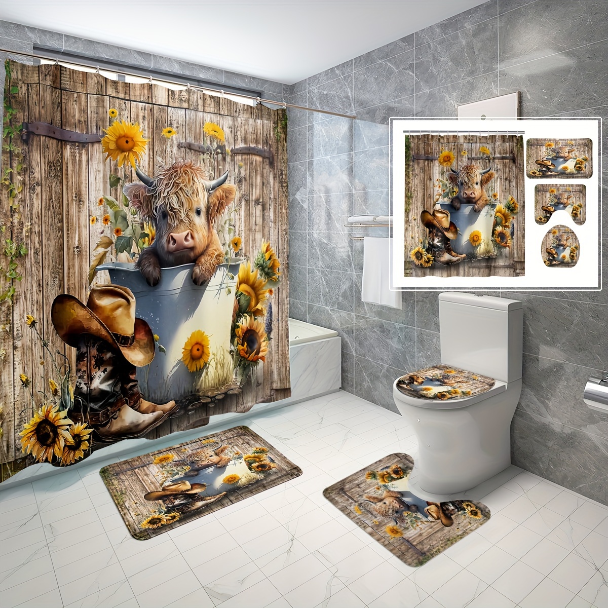 

4-piece Rustic Farmhouse Bathroom Set: Waterproof Shower Curtain With Cow & Barn Door Design, Non-slip Rug, Toilet Lid Cover, And U-shaped Mat - Machine Washable Polyester