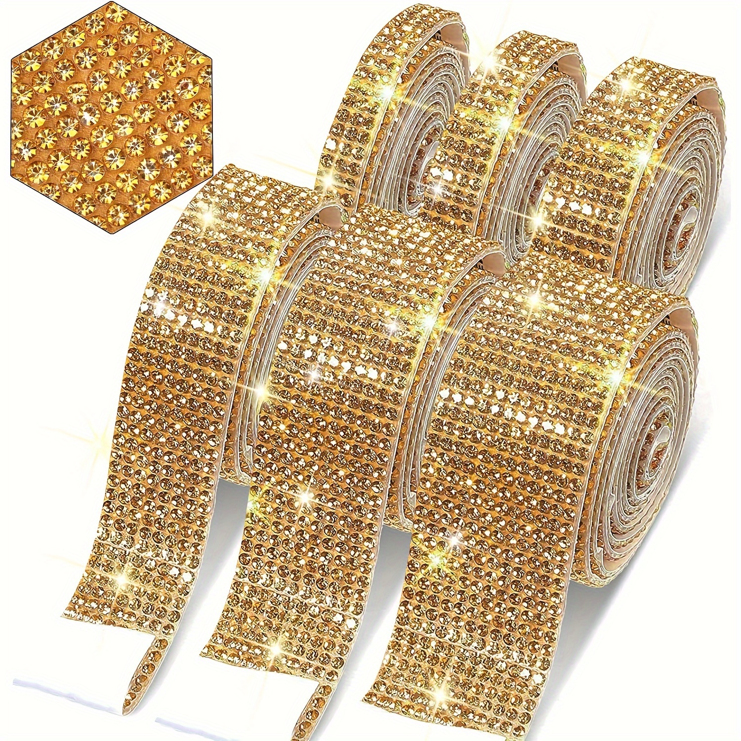 

Ybckeg Golden Self-adhesive Rhinestone Ribbon Rolls, Crystal Diamond Bling Sticker Tape For Diy Crafts, Wedding Party Decorations, Car Phone Embellishments - 6 Pack