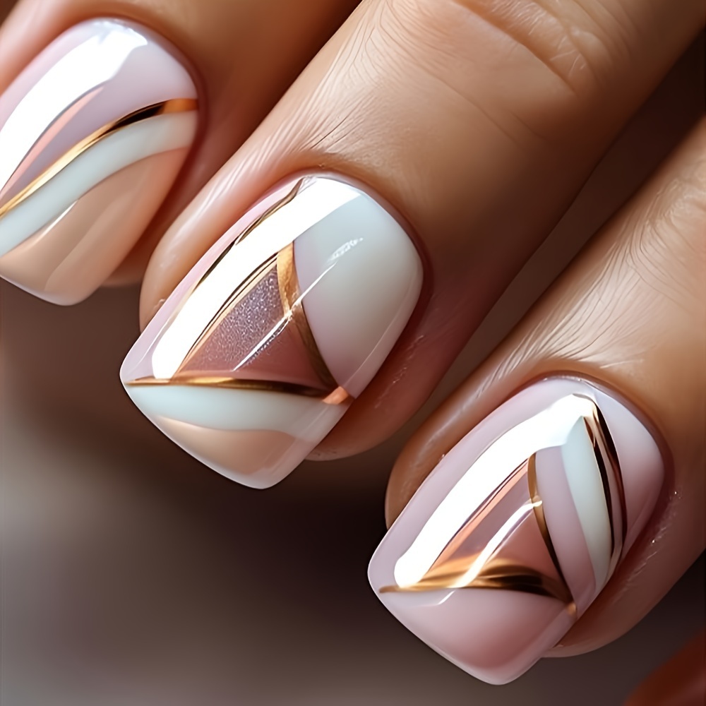 

24 Pcs Glossy Short Squoval Press-on Nails With Golden Tips - Elegant Style, Full Cover, False Nails For Women And Girls - Mix Of White And Pink Colors, Geometric And Striped Designs, Shiny Finish