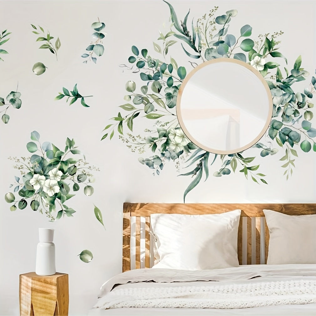 Image of 27 Watercolor Green Leaves Wall Stickers, Self-adhesive, Removable, Tropical Plant Wall Decals Bedroom Living Room Bathroom Wall Decoration