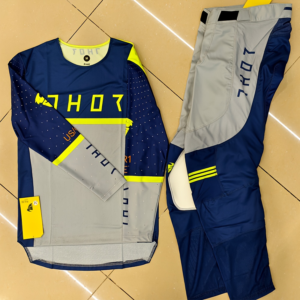   2026 new grey-blue motorcycle racing suit set, off-road enduro riding gear for men and women, 4-season long sleeve & pants combo 0