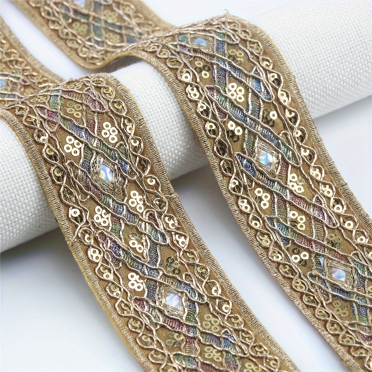 Image of Luxurious Embroidered Lace Trim In Vibrant Colors - Polyester, Ideal For Diy Fashion & Craft Accessories, Lace Fabric