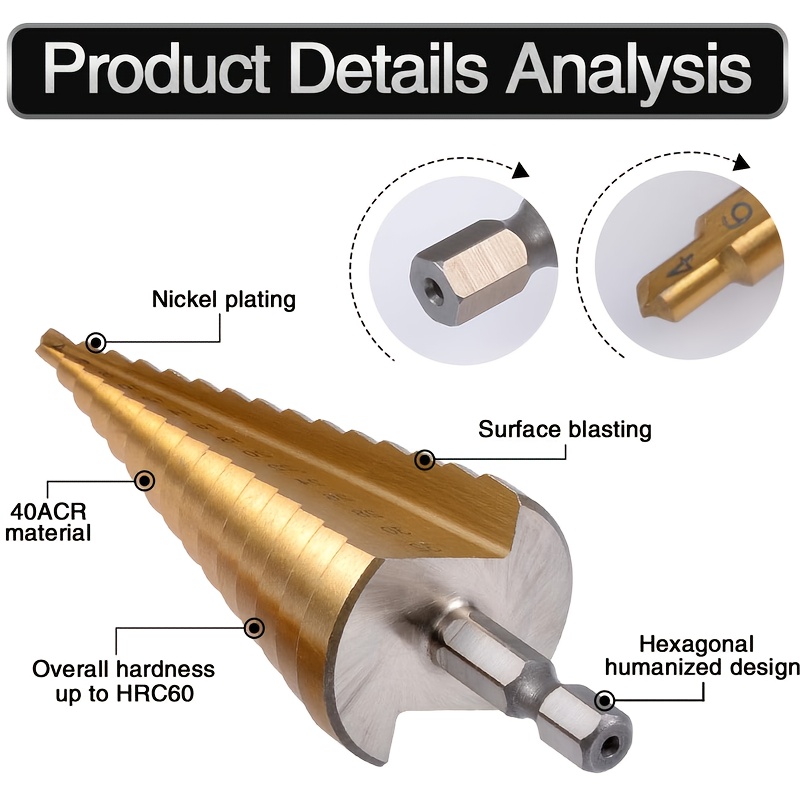 6pcs step drill bit hss titanium coated metric cone metal drill bits for stainless steel sheet metal Product details 3