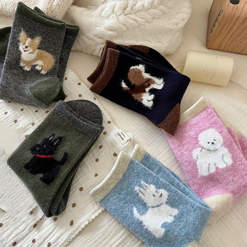 

5 Pairs Fluffy Cartoon Dog Socks, Cute & Warm Mid-calf Floor Socks For Fall & Winter, Women's Stockings & Hosiery