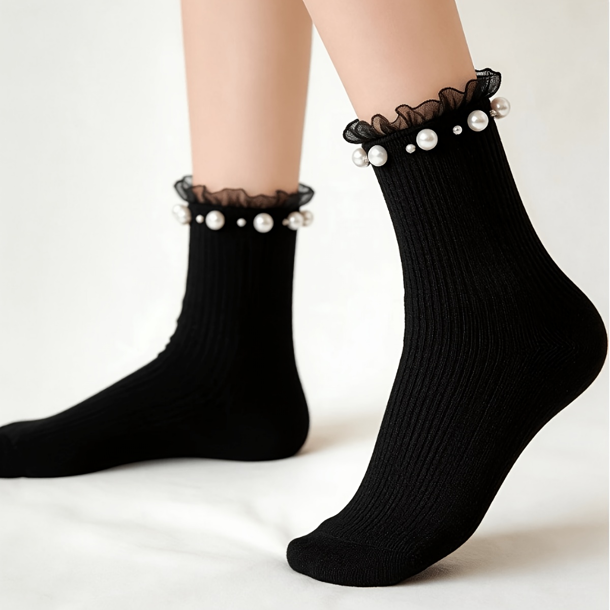 TEMU 1-pair French Lolita Style Jk Socks With Pearl Lace Trim & Bead Detailing - Elegant Mid-calf Suitable For Dance, Parties, Daily Wear, Gift For