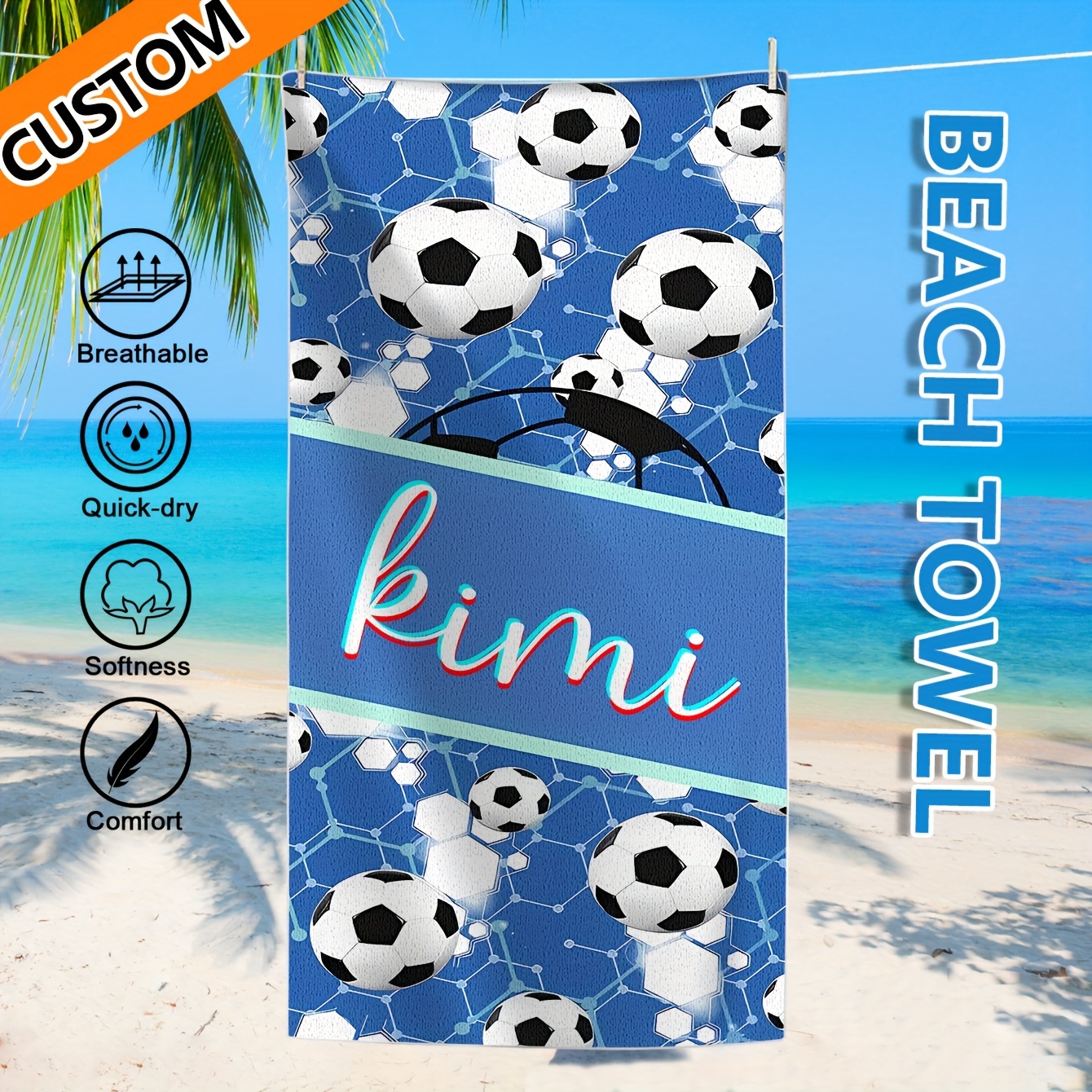 

1pc Customized Beach Towel, Football Pattern Personalized Beach Blanket, Super Absorbent & Quick-drying Swimming Towel, Suitable For Beach Swimming Outdoor Camping Travel, Ideal Beach Essentials