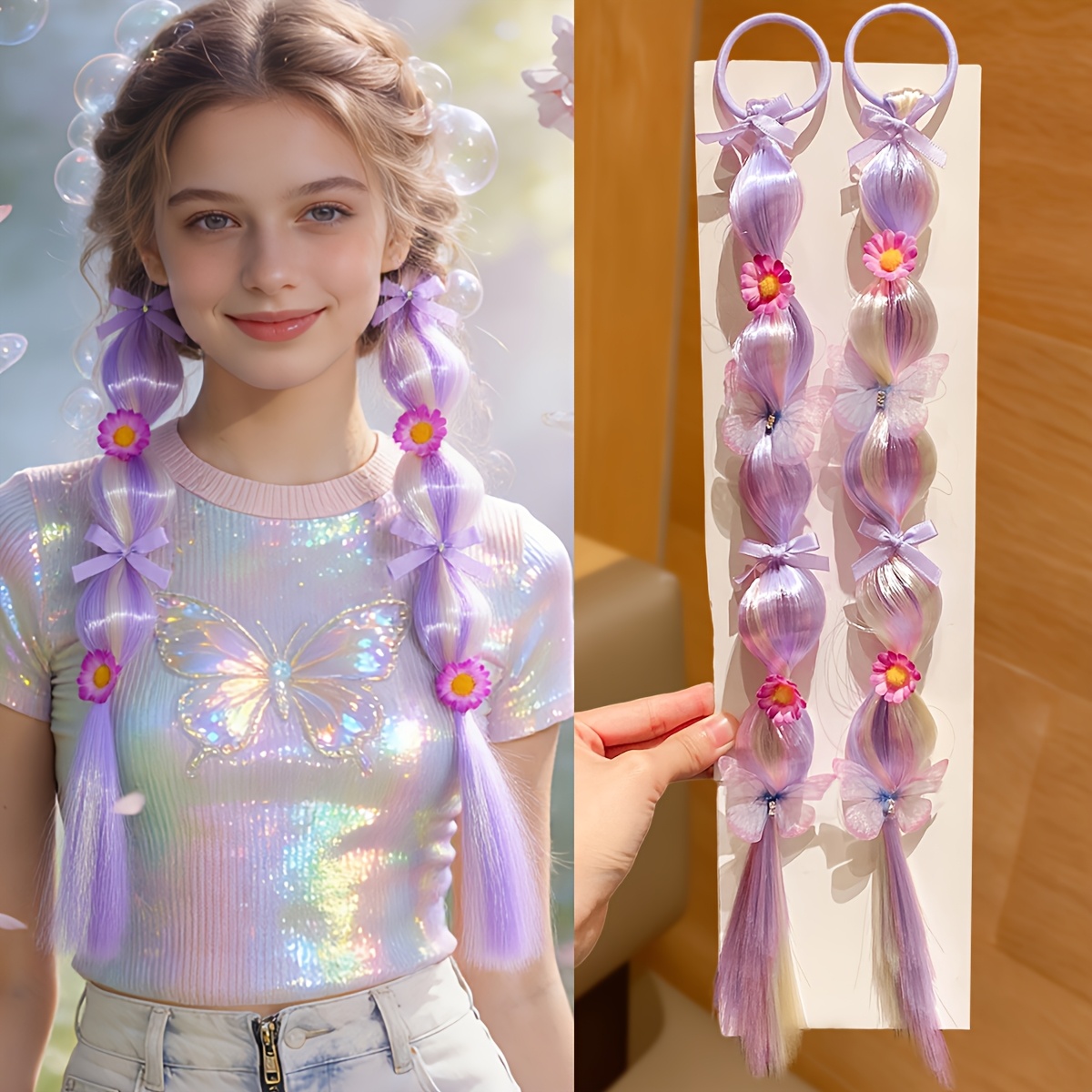 TEMU 2pcs Women's Hair Accessories, Gradient Color Dress-up Wig Braided Hair Ties, Dopamine Colorful Braided Bubble Braids, High-elasticity Hair