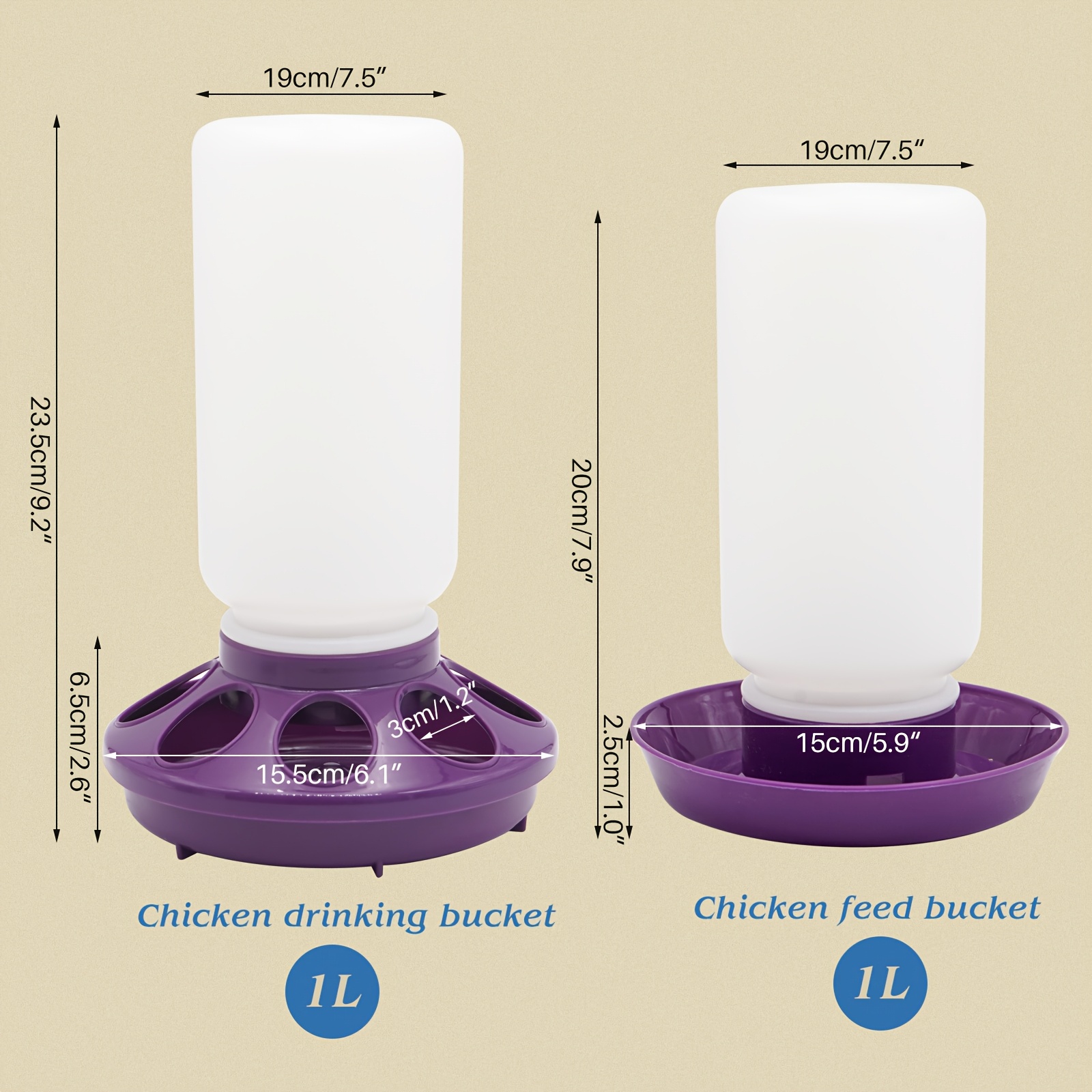 Poultry Water And Feed Set With 1l Feeding Bucket + 1l Water Bucket, Durable Plastic Material, No Electricity Needed, Easy To Clean, Suitable For Chickens/ducks/geese, Tool For Poultry Farming