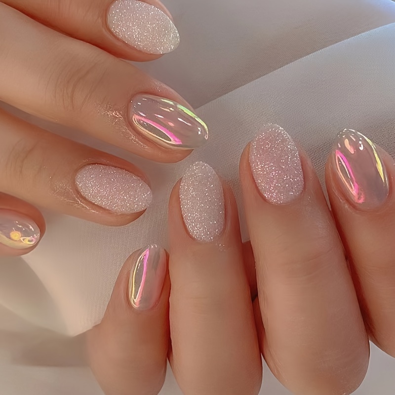 

24pcs Aurora Glitter Press-on Nails Set - Short Oval, Pink Gradient With Shimmer For A Look