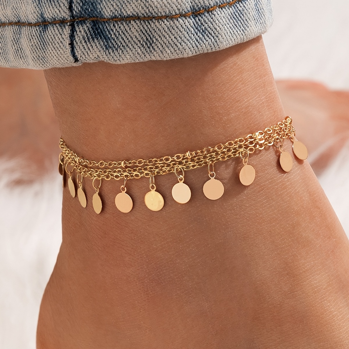 1pc Stylish And Romantic Monochrome Metal Round Pendant Anklet, Metal Chain Anklet, A Gift Suitable For Banquets And Parties For