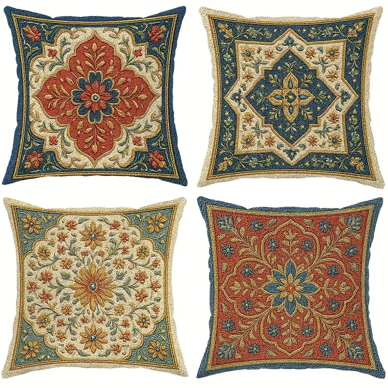 4pcs retro ethnic style throw pillow covers geometric pattern brown green beige soft polyester decorative pillow covers double sided printing with zipper closure machine washable for living room bedroom sofa bed decor no pillow core Product details 1