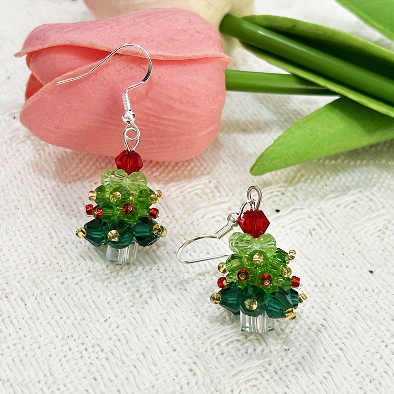 Hand Beaded 3D Christmas Tree Earrings with Crystals