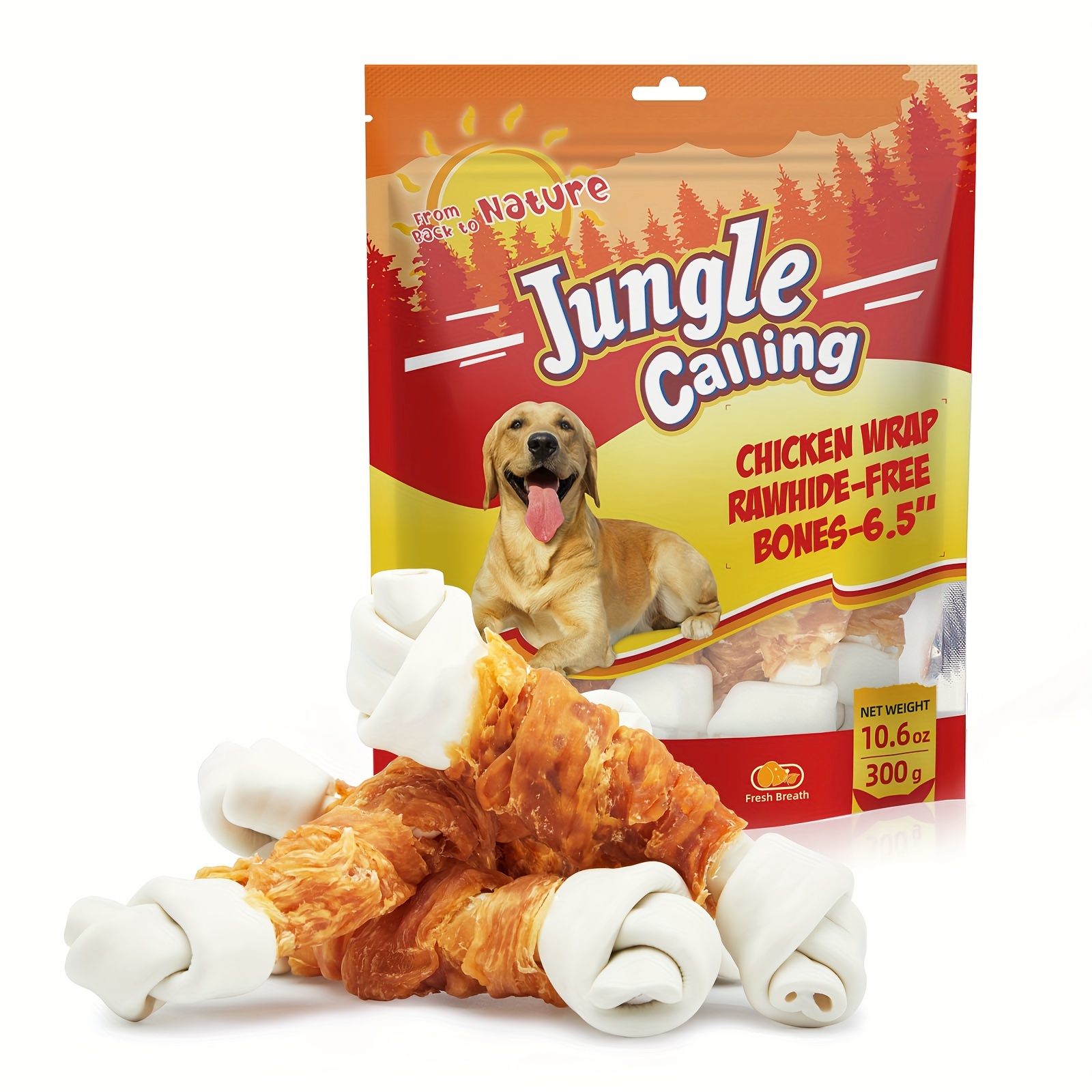 

Jungle Calling Free Dog Bones, 6.5" Real Chicken Wrapped Dog Chew Bones For Medium And Large Dogs Training Treats