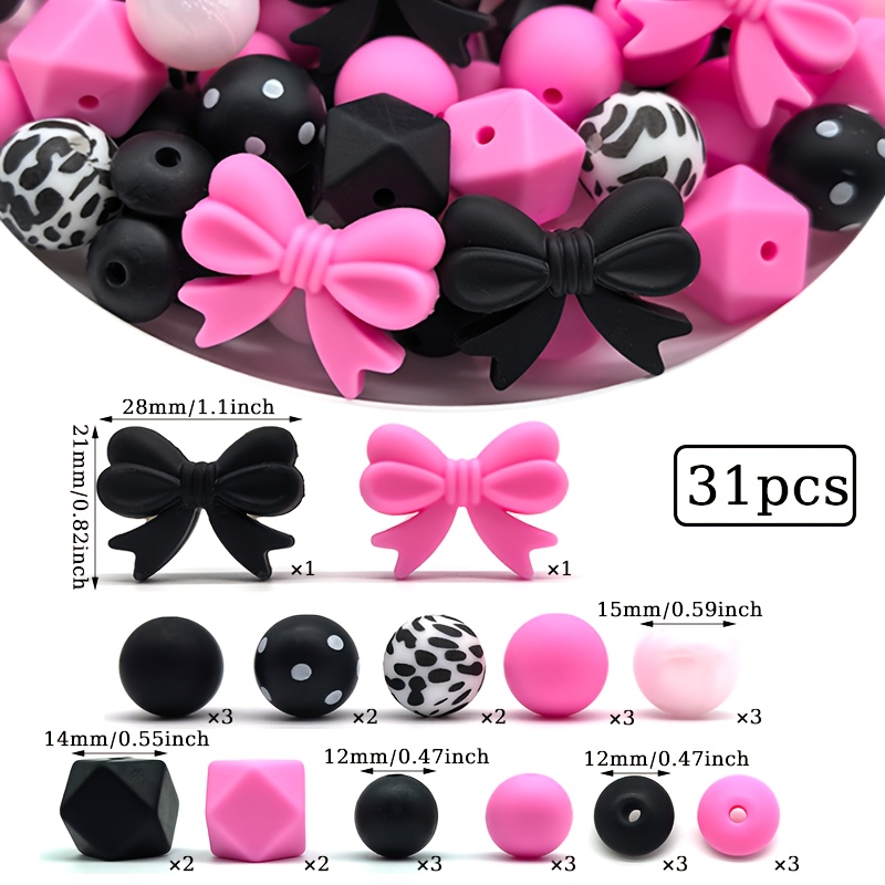 TEMU 31/51pcs Silicone Beads, With Bow Elements, With Black And Pink Loose Spacer Beads, Suitable For Diy Handmade Jewelry Making, Daily Decoration,