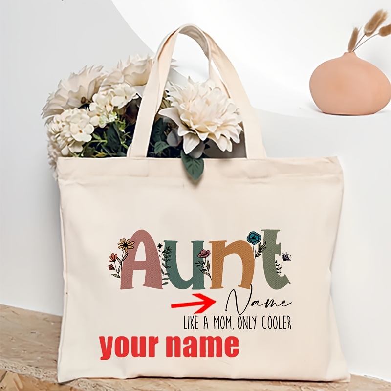 Image of Personalized Aunt Tote Bag | Canvas Shoulder Bag For Travel And Daily , Custom Name, Random Printing, Color, Ideal For Pregnancy Announcement Or Mother's Day Gift