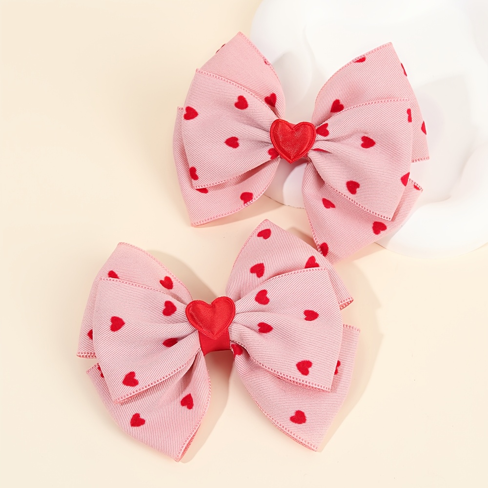 Image of 2pcs Heart Bow Hair Clips For Fully Covered Bow Hair Accessories For Date Bow Clips For Gifts Handmade Bow Hair Clips For Valentine's Day, Galentines Day Gifts